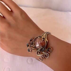 Handcrafted Unique Silver-Plated Fork Bracelet with Iridescent Glass Stone